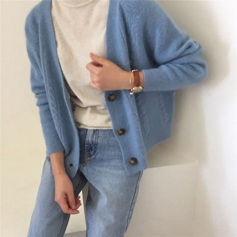 

2021 Winter Women Loose Oversize Short Cardigan Sweet Knitted Jacket Coat Casual Thin Lazy Style Sweaters Coat Woman Pink Beige