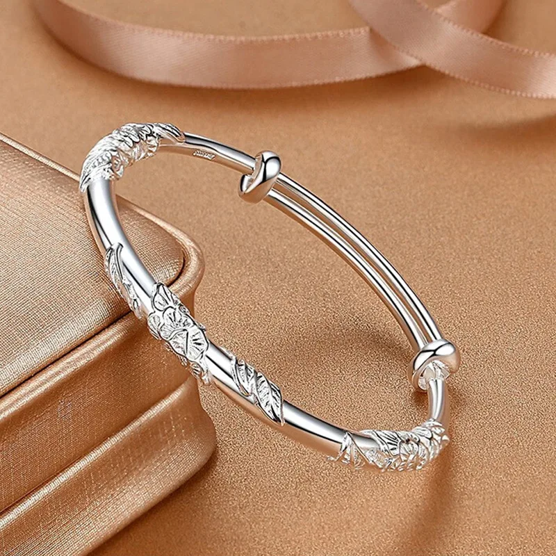 

925 Sterling Silver Full-blown Flowers Bracelet For Women Original Texture Adjustable Solid Bracelets Light Luxury Party Jewelry