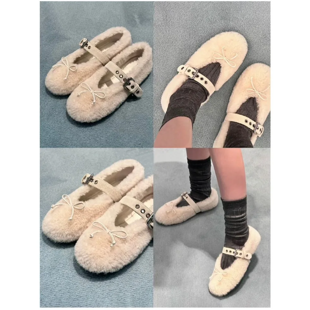 

NIGO Women's Round Head Bow Hairy Single Shoes Outside Wear Fall And Winter Elegant Chic Ballet Flat Shoes #NGTOP11621