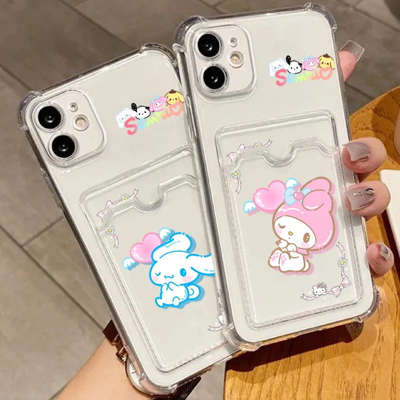 Sanrio Family Kuromi Cartoon For iPhone 15 14 13 12 11 XS XR X 8 7 Pro Max Plus Mini Photo Card Bag Transparent Funda