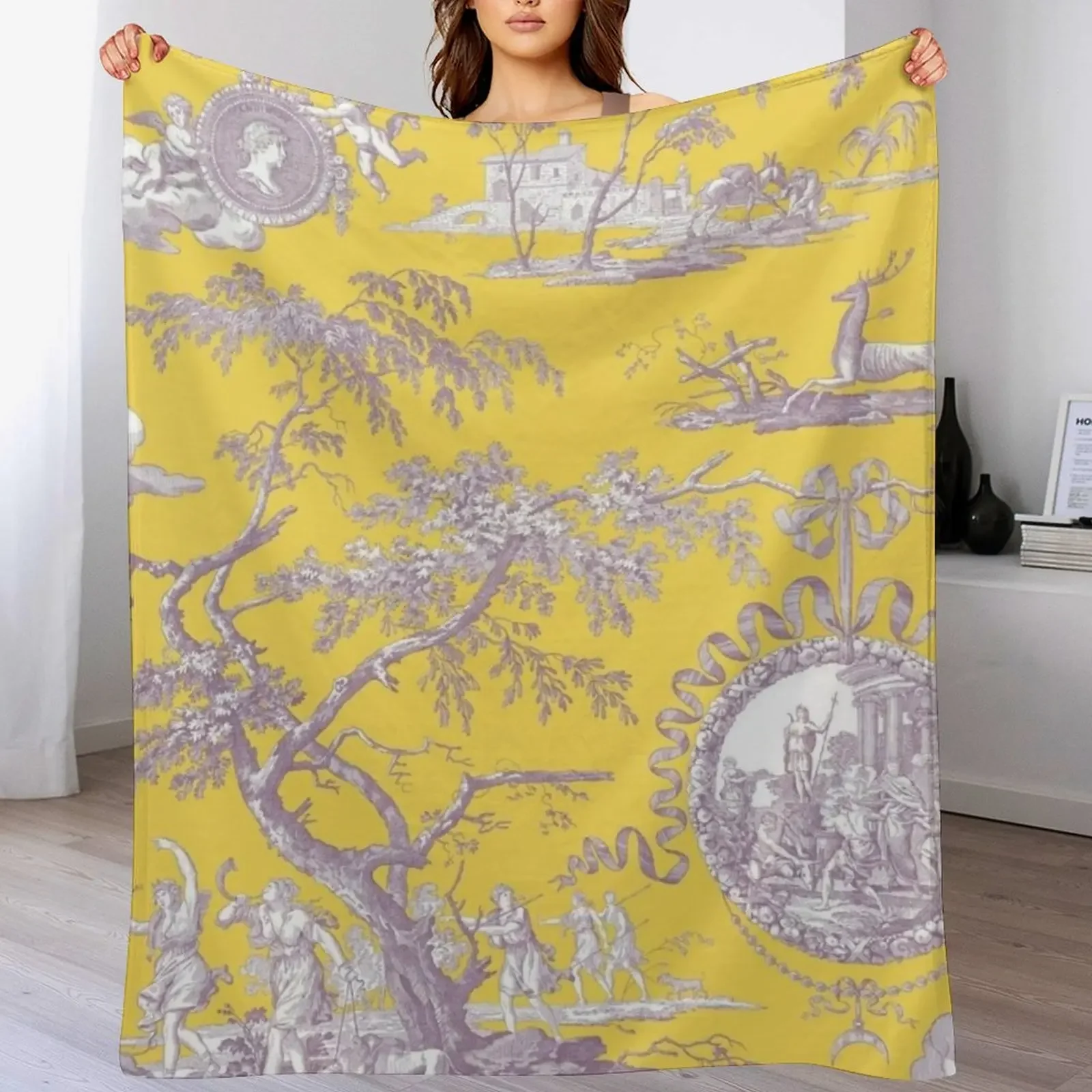 

New Yellow Toile de Jouy Throw Blanket for sofa Luxury Brand Travel Hair Blankets
