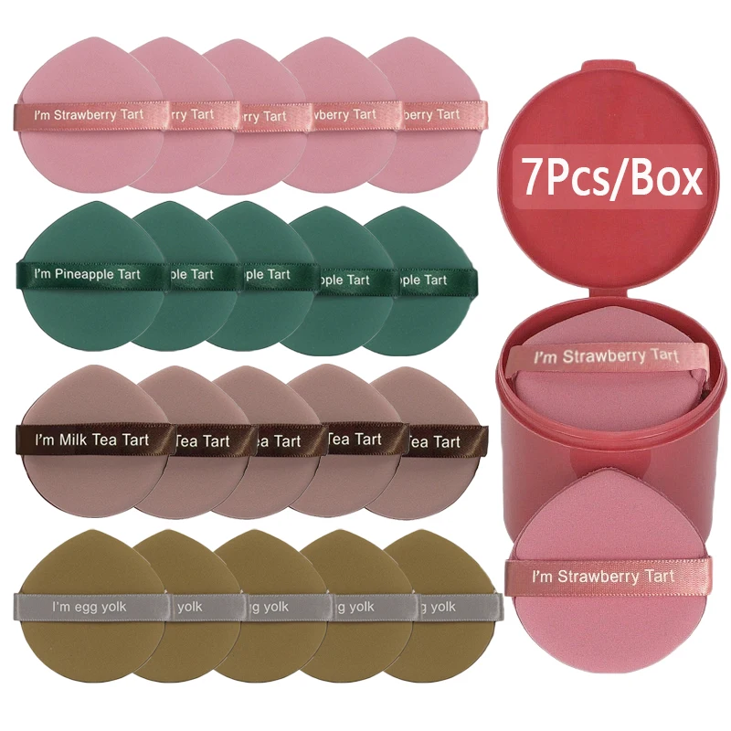 7Pcs/Box Heart Shape Velvet Powder Puff Soft Finger Strap Cosmetic Puff Wet Dry Use Foundation Makeup Blending Puff