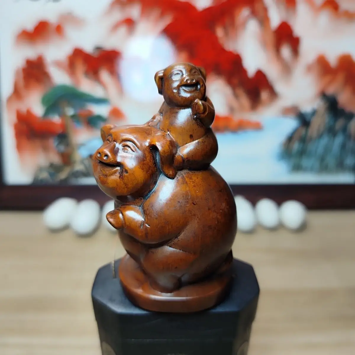 Hand Carved Wood best pig mom mama ever Statue Figurine Desktop Ornaments Home Decoration Crafts Tea Pet Decor
