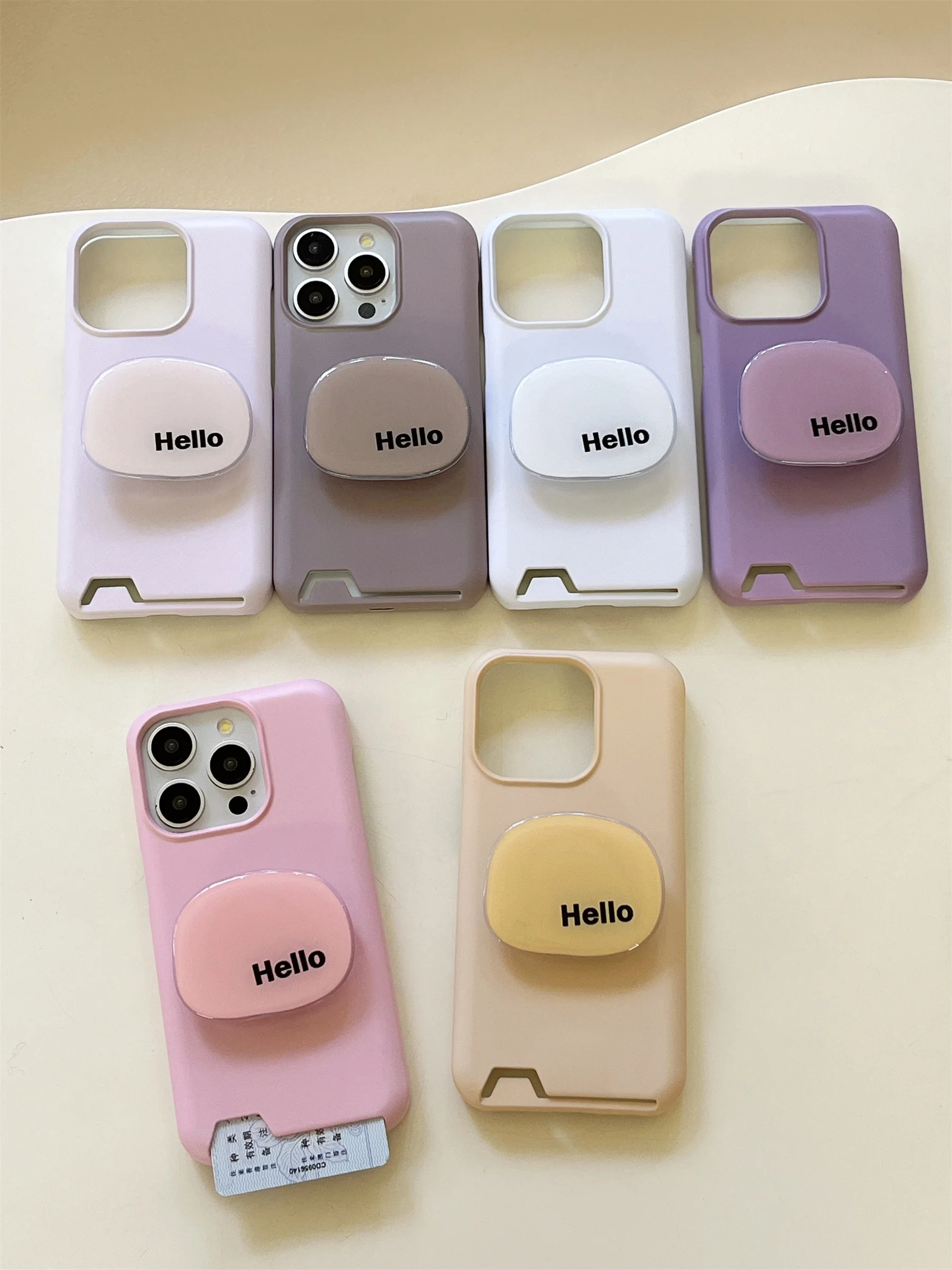 Ins Korean Simple Kawaii Frosting Macaron Color Lnsert Card Hello Bracket Case for iPhone 11 12 13 14 15 Pro Max Back Cover