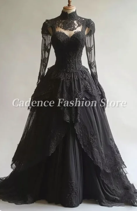 Abiti da sposa gotici applicati in pizzo a maniche lunghe con collo alto da sposa nero vintage personalizzati Abiti da ballo Abiti da sera