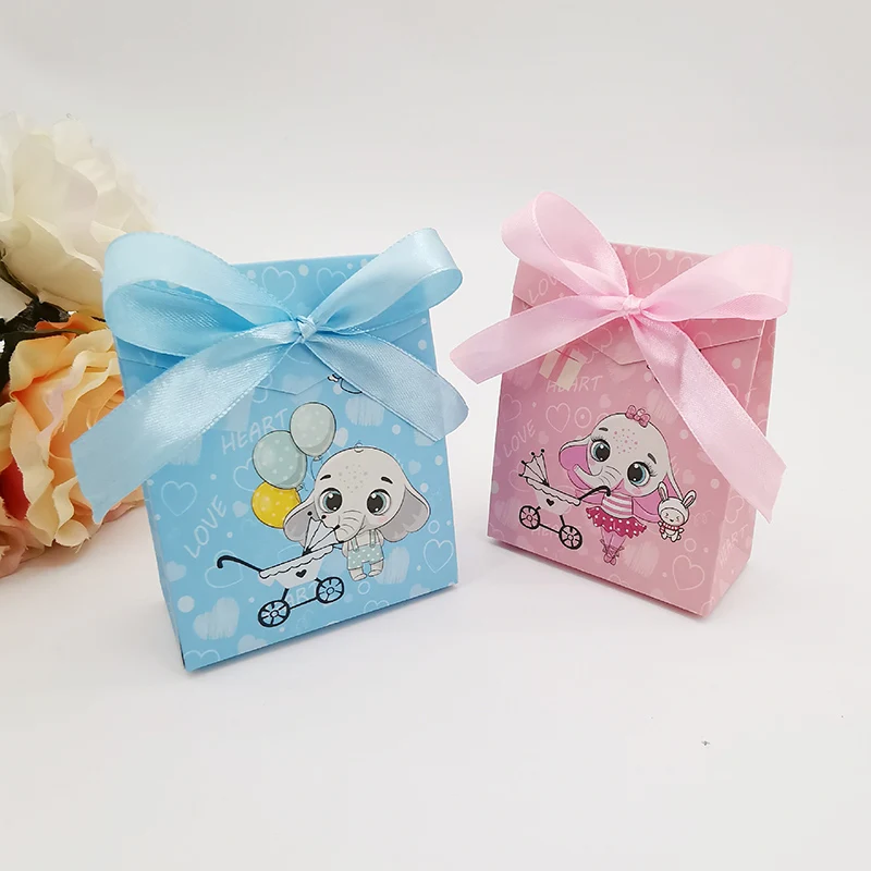 10/20Pcs Baby Dusche Cartoon Süßigkeiten Geschenk Box Mit Band Elefanten Baby Kinderwagen Geburtstag Gunsten Geschenk Verpackung box Baby Souvenirs – Detail 2