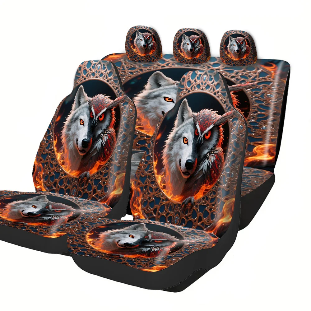 Fit SUV & Sedan Car Seat Covers Full Set - Black/Orange Wolf & Flame Print With German Shepherd Dog Design, Breathable Washable