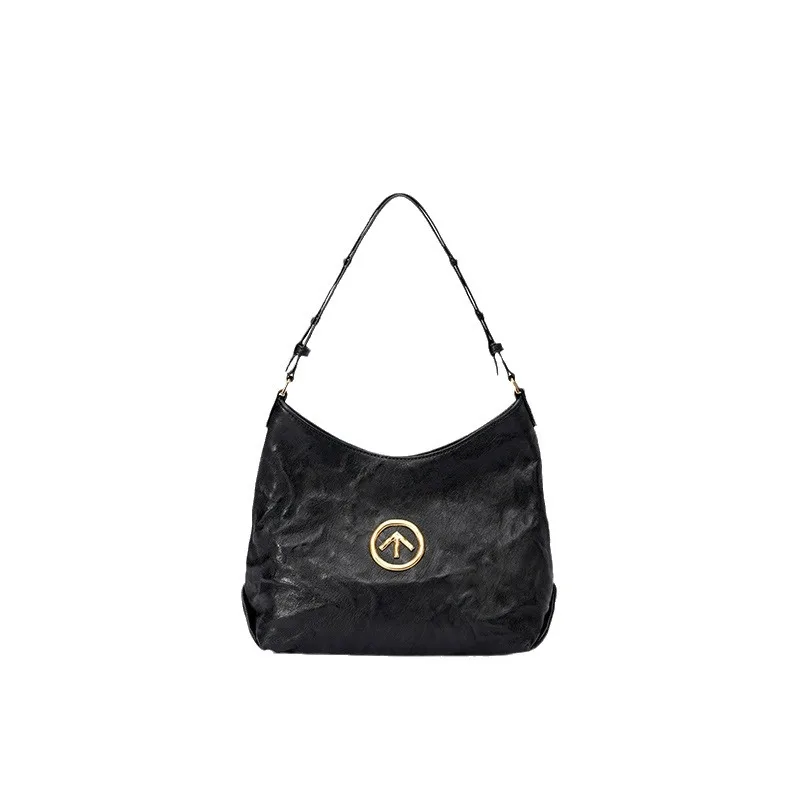 GROTTO 2025 Fashion Black Stone Hobo Small Vegetable-Tanned Lambskin Commuter Single-Shoulder Crossbody Underarm Soft Bag