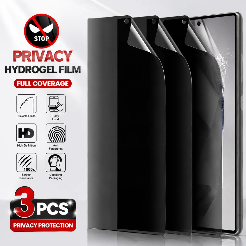 3PCS Privacy Screen Protector, Support Fingerprint Ulock for Samsung S25 S23 S22 S24 Ultra S26 Ultra S21+ Anti-Spy Hydrogel Film