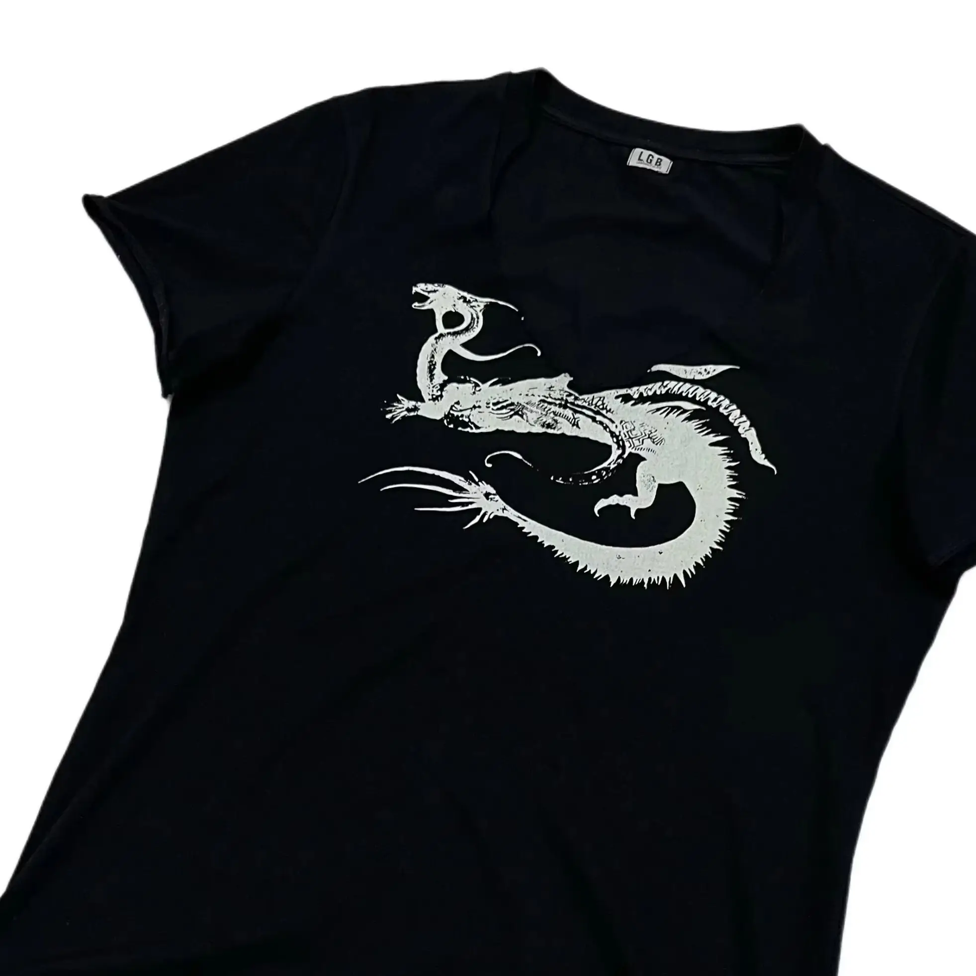 Waist Slim Fit Dragon Pattern Crew Neck Short Sleeve T-Shirt