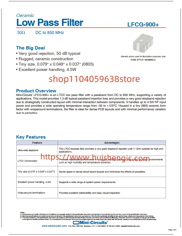 LFCG-900+      1GHz Low Pass Ceramic Filter 50 Ohm 0805 (2012 Metric), 8 PCB Mount