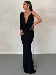Mozision Elegant Backless Sexy Maxi Dress For Women Robe 2023 Spring New V Neck One Sleeve Lace-up Party Long Dress Vestido