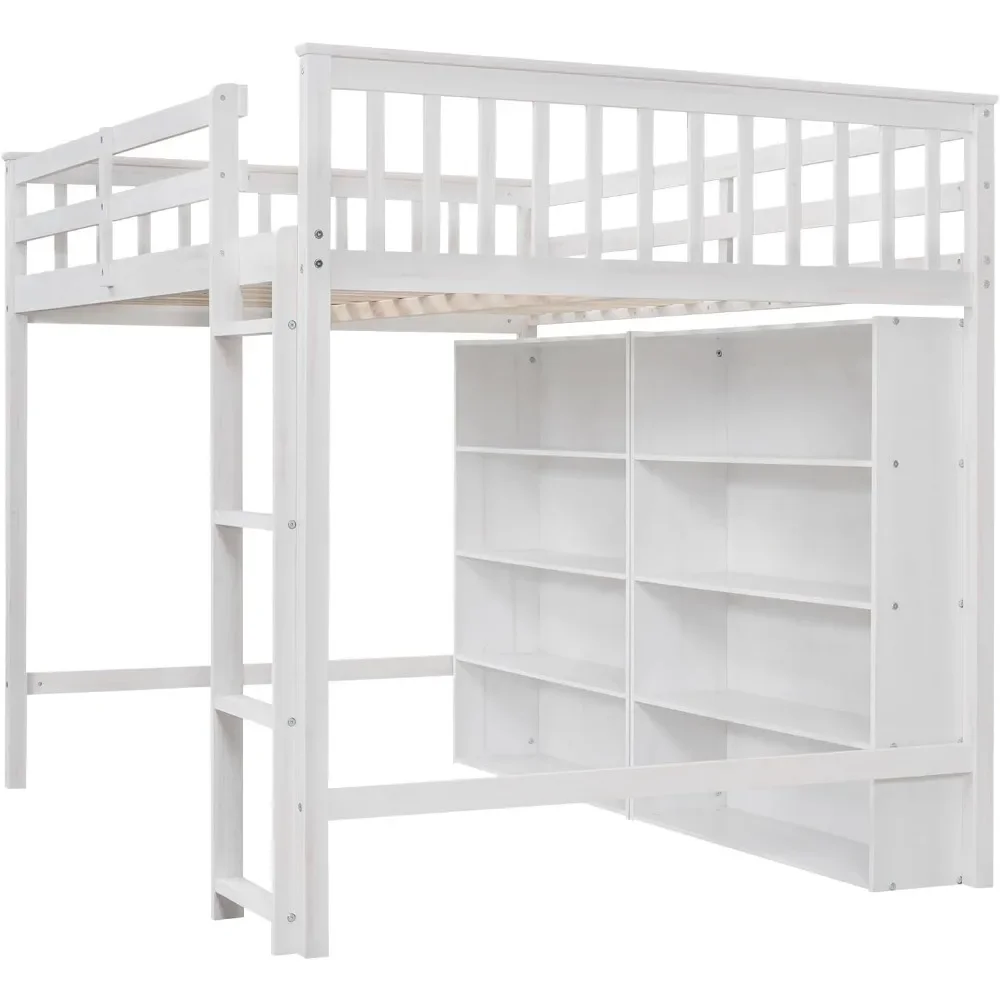 Solid Wood Loft Bed with Open Storage Shelves, Multi-Functional Lofts Beds Frame with Ladder, Full Size Loft Bed with Storage