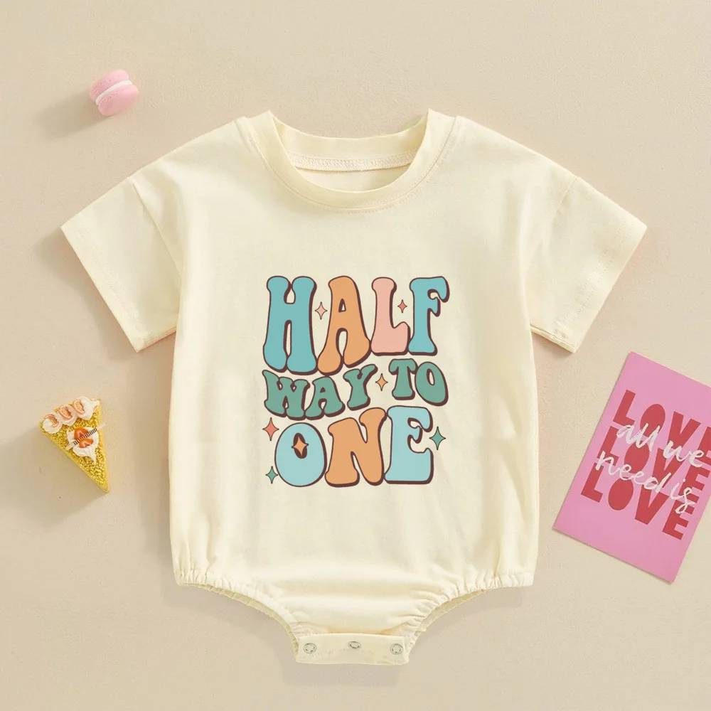 Half Way To One Birthday Bubble Romper Baby Half Large Bodysuit Infant 6 Month Old Outfit 6 Month Photoshoot 1/2 Birthday Shirt