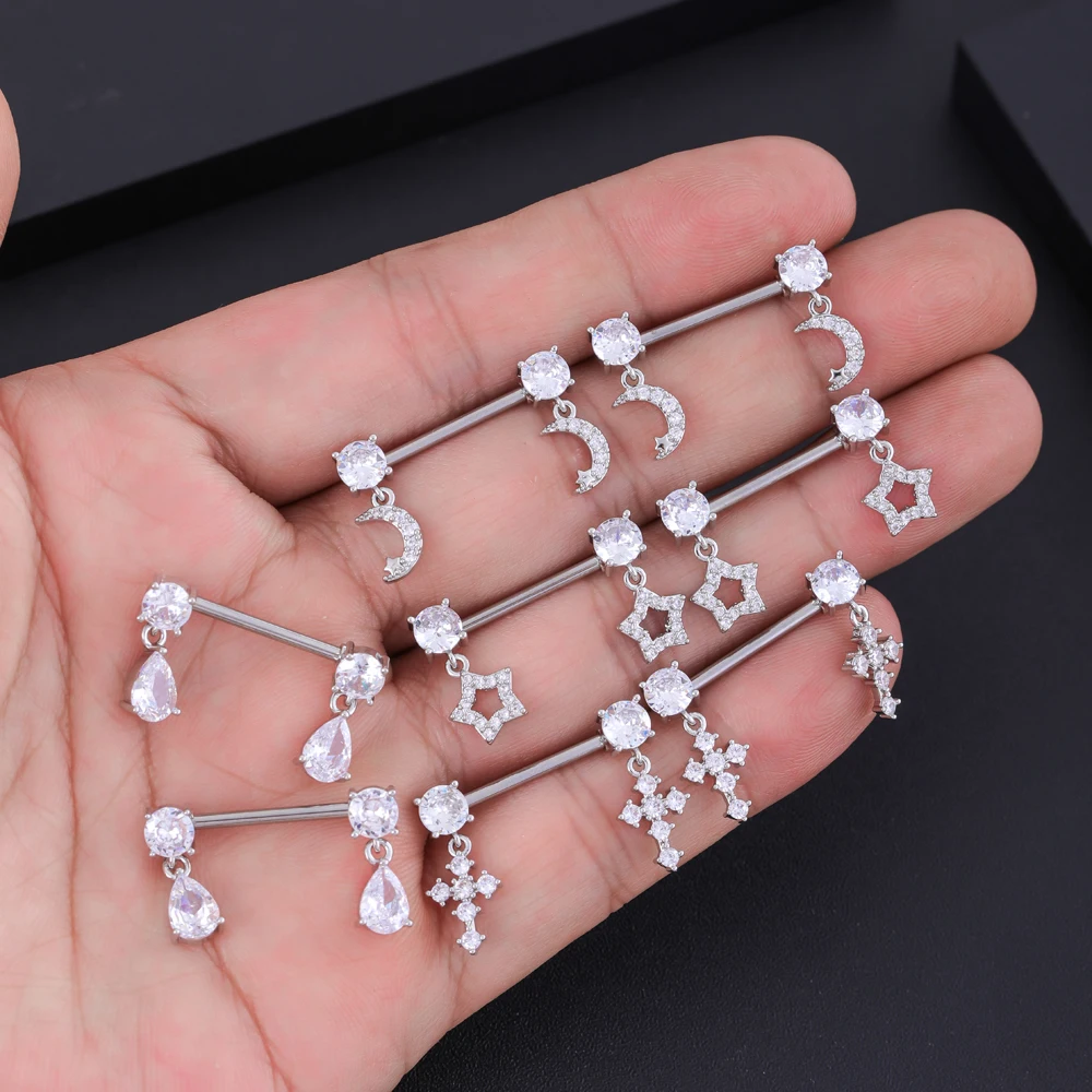 2pcs Cross Star Zircon Dangled Shield Bar Nipple Rings for Women 14G Surgical Steel Cute Cat Lizard Maple Leaves Nipple Piercing