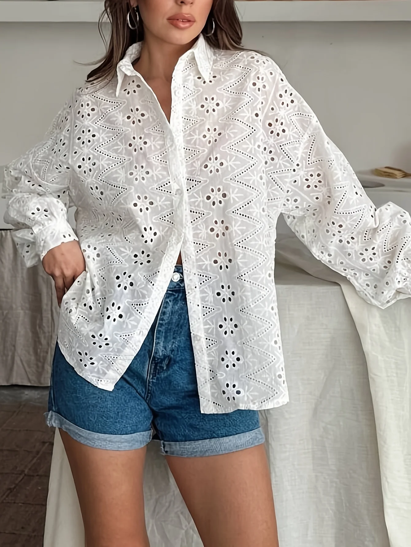 Women's sexy solid color casual style romantic lapel button hollow embroidered art top