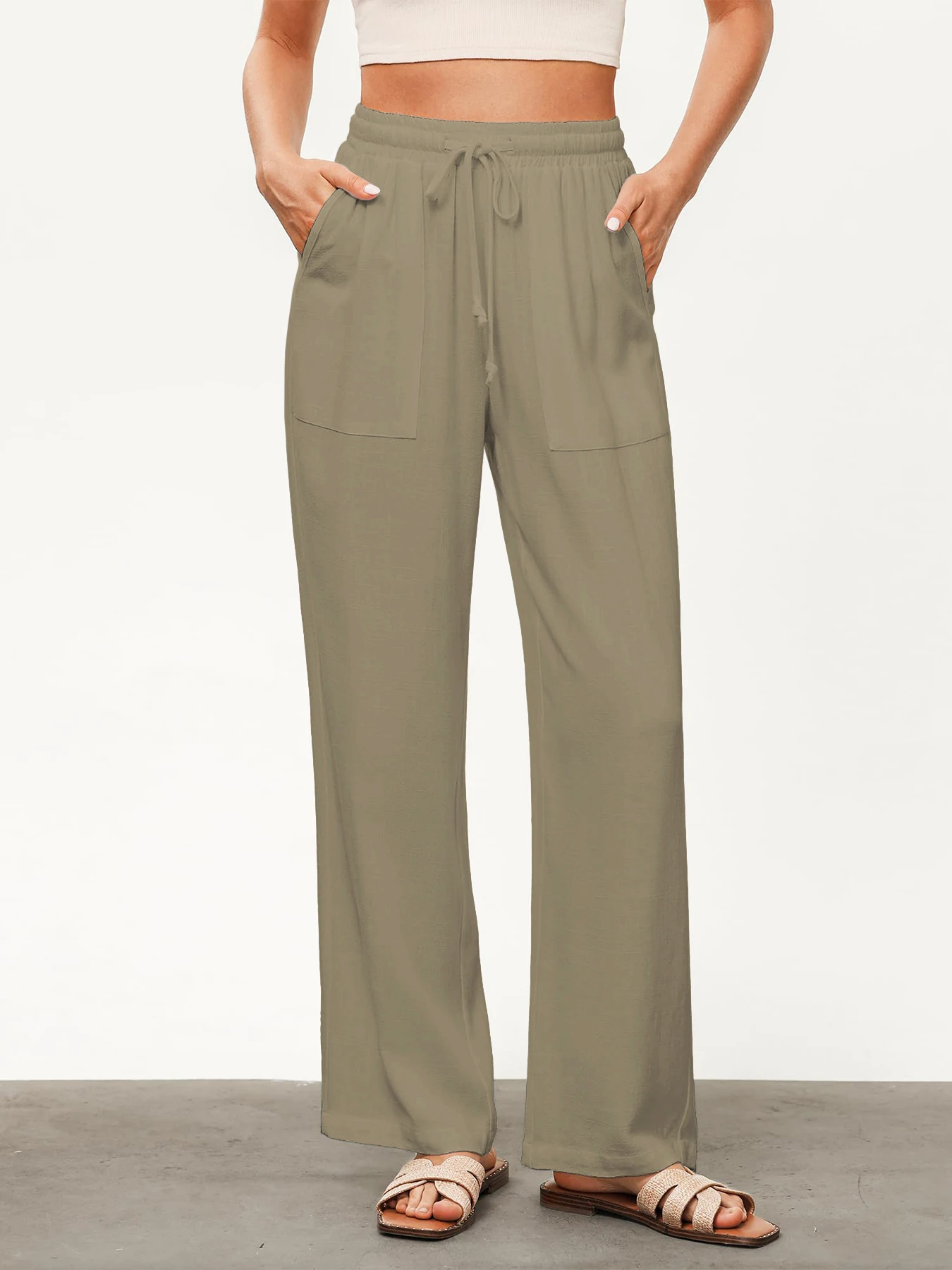 Einfarbige, lockere, weit geschnittene Hose für Damen, lässige, gerade Hose mit Kordelzug, lässige Hose mit Taschen, lockere Hose mit hoher Taille – Detail 20