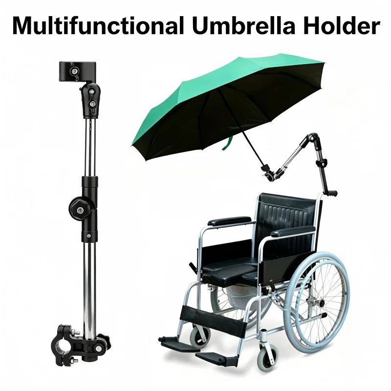 Adjustable Stainless Steel Umbrella Holder Multifunctional Rainproof Umbrella Mount Bracket for Wheelchair Bicycle