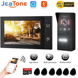 Jeatone-intercomunicador Wifi 1080P Tuya Smart Home, Monitor de pantalla táctil de 7 pulgadas, 2 cables, tarjeta de desbloqueo, timbre, cámara, sistema de seguridad