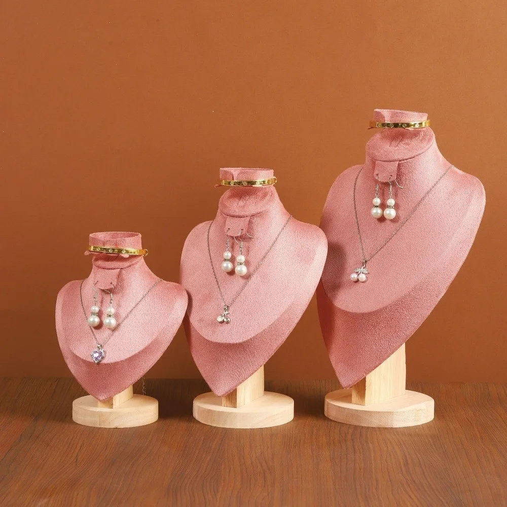 Solid Wood Jewelry Display Bust Velvet Surface Human Neck Shape Jewelry Stand 3 In 1 Design Pink Velvet Cover