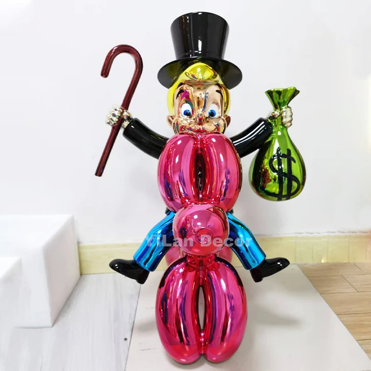 New Design Gallery Artwork Monopoly Sitting on Balloon Dog Fiberglass Pop Arts Alec Monopoly Man Large Resin Cartoon Sculpture