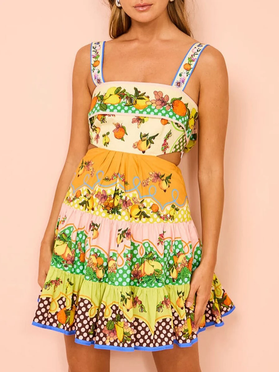 

Women s Y2k Summer Boho Mini Dress Fruit Print Sleeveless Tie Back Tiered Mini Dress Beach Vacation Short Sundress