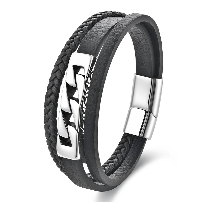 Men Black Leather Braided Bracelet Stainless Steel Double Layer Handmade Multi Strand Wristband Genuine Cowhide Cuff Bangle