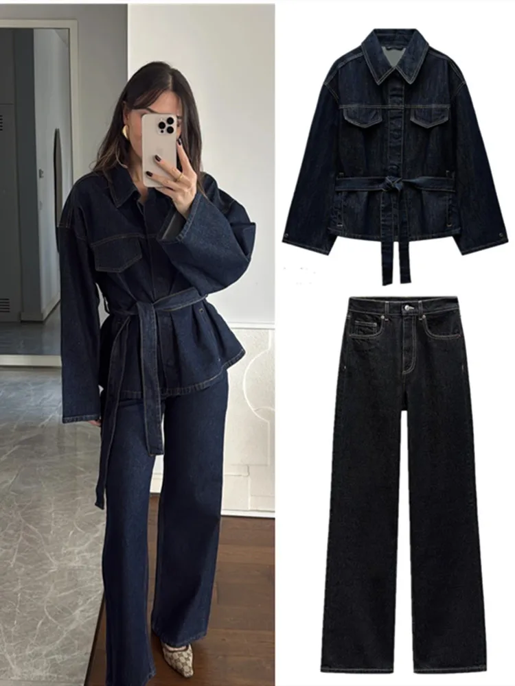 

Винтажная джинсовая куртка и брюки, комплект, женские однобортные куртки с лацканами и поясом, прямые джинсы с карманами, весна 2024, женская уличная одежда