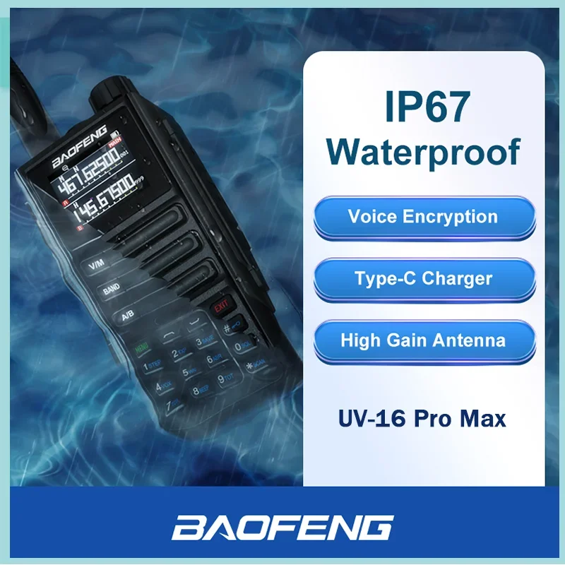 BaoFeng UV-16 Pro Max Type-C carica Wirless Copy Frequency UV-16 AM Radio multibanda IP68 impermeabile 999CH Radio bidirezionale nera