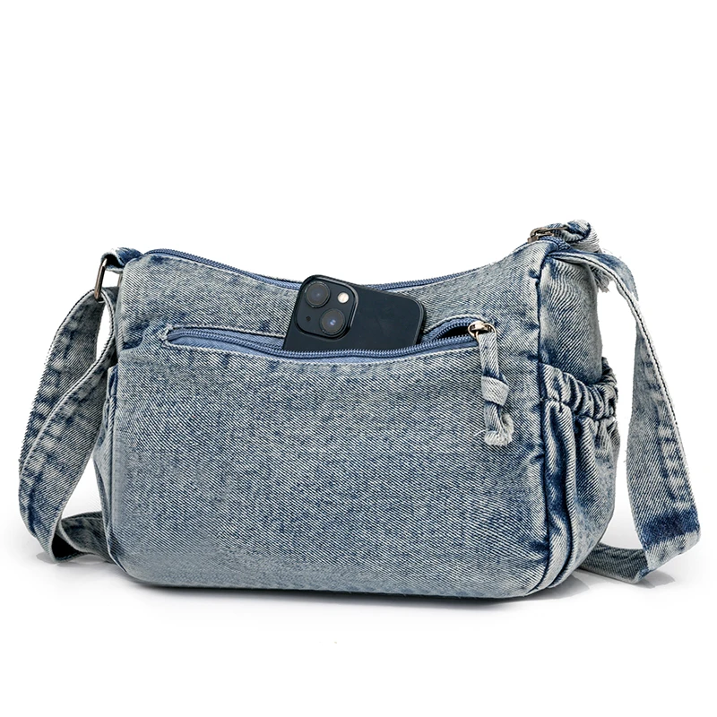 Washed Denim Shoulder Bags Women Small Canvas Messenger Bags Many Zipper Cloth Crossbody Bags 100% Cotton Female Packages Young