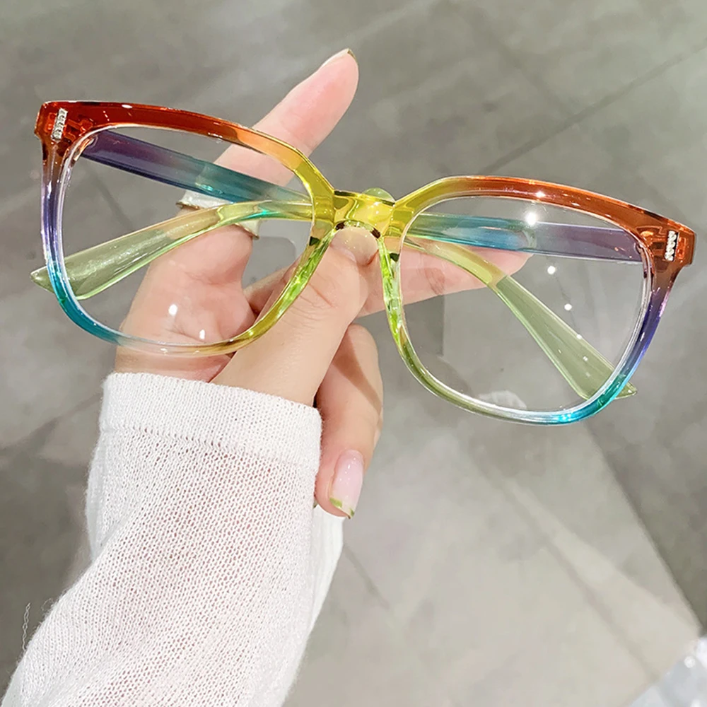 Gradient Anti Blue Light Flat Mirror Glasses Vintage Large Frame Myopia Glasses Rainbow Square Frame Glasses Women Trend Eyewear