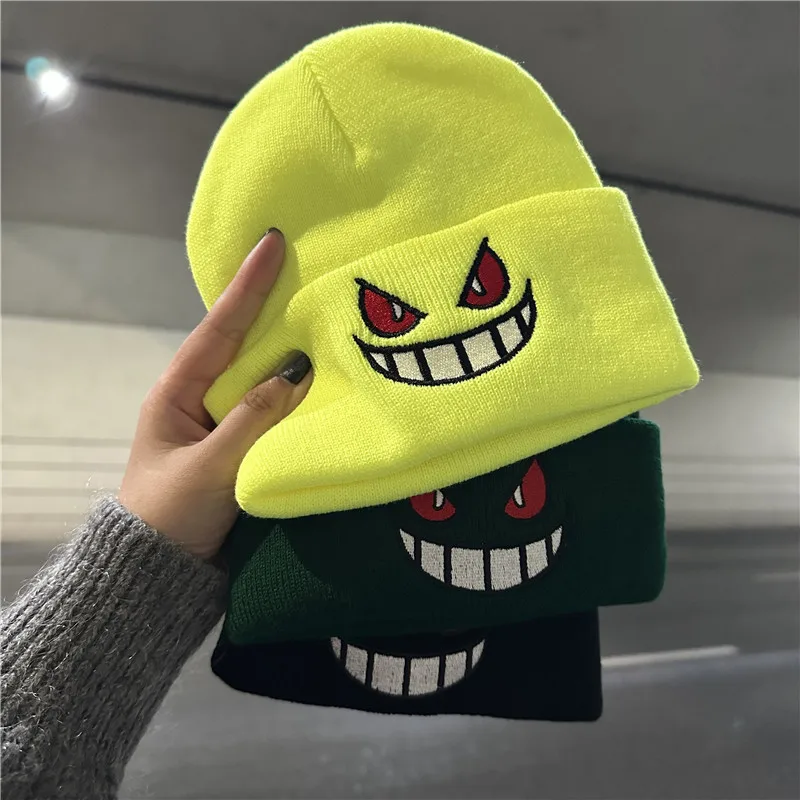 Funny cartoon big mouth red eyes baothead hat autumn and winter new embroidered wool knitted hat cover warm male outdoor sports