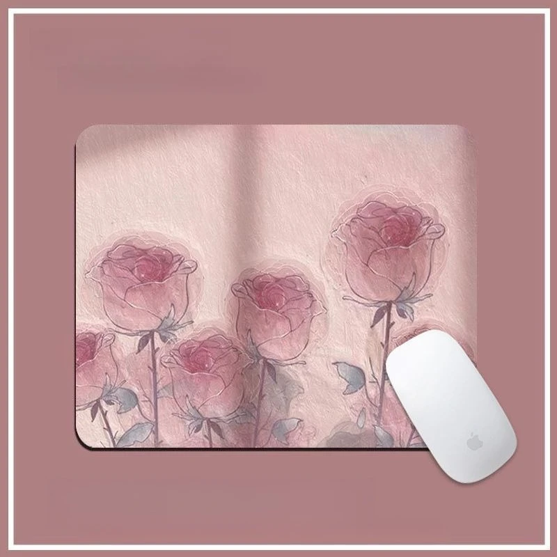 Pink Rose Small Mouse Pad, Flower Mouse Pad, Small Female Character, Beautiful Office Soft Pad, Carrying a Fresh and Clean Soft
