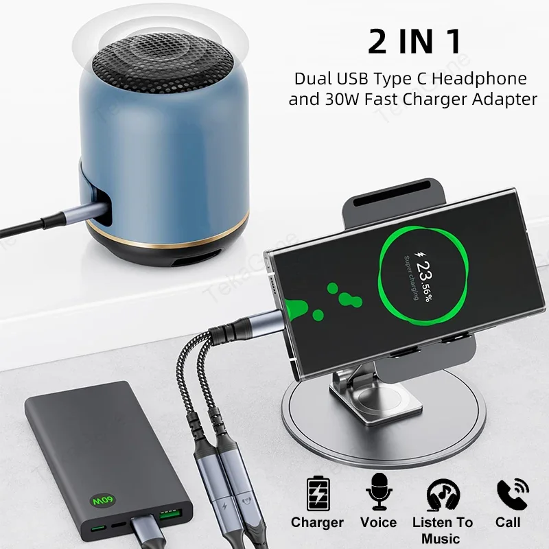 30W USB C Fast Charging Adater For iPhone 15 Samsung Huawei 2 In 1 USB TYPE C to Dual USB C Headphone Jack  Audio Aux Adaptor