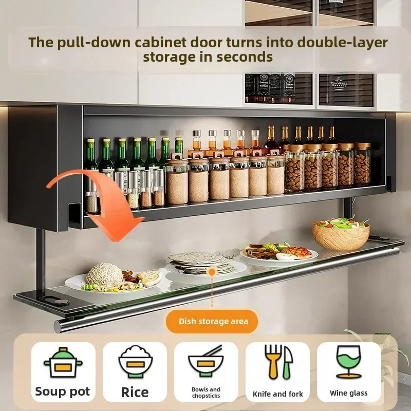 Pull-down seasoning cabinet, hanging cabinet, wall-mounted storage cabinet, no punching seasoning rack