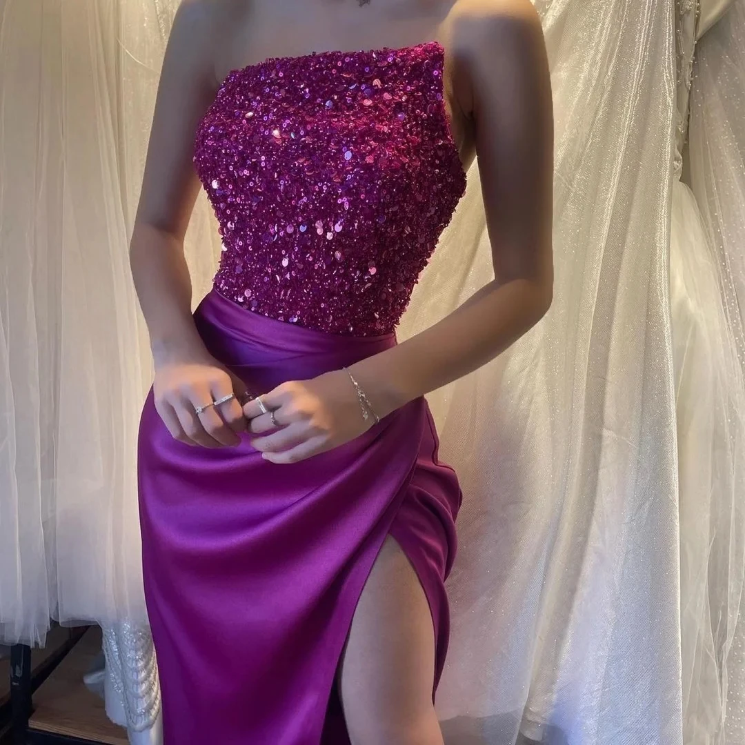 섹시한 로즈 레드 스팽글 프롬 드레스 2026 스트랩리스 레이스업 실트 롱 이브닝 생일 파티 정장 드레스 베스티도스 데 달라