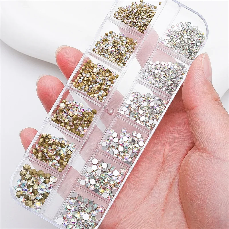 12 grid nail rhinestone jewelry pointed bottom flat bottom transparent white diamond AB diamond nail art mixed nail rhinestone