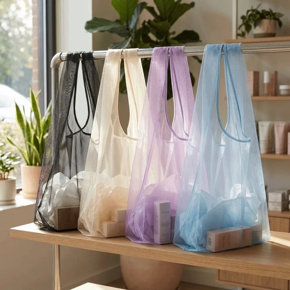 Fashion Large Capacity Organza Shopping Bag Lightweight Sheer Gauze Mesh Handbag Portable Multicolor Tote Bag Pool view 4