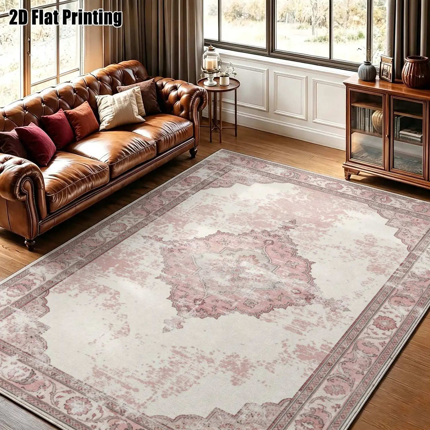 1Pc 2D Printed Pink Retro Floral Carpet: Vintage European Style, Geometric Pattern, Machine Washable, Multi-Size, Ideal for Home Decor & Multi-Scene Use