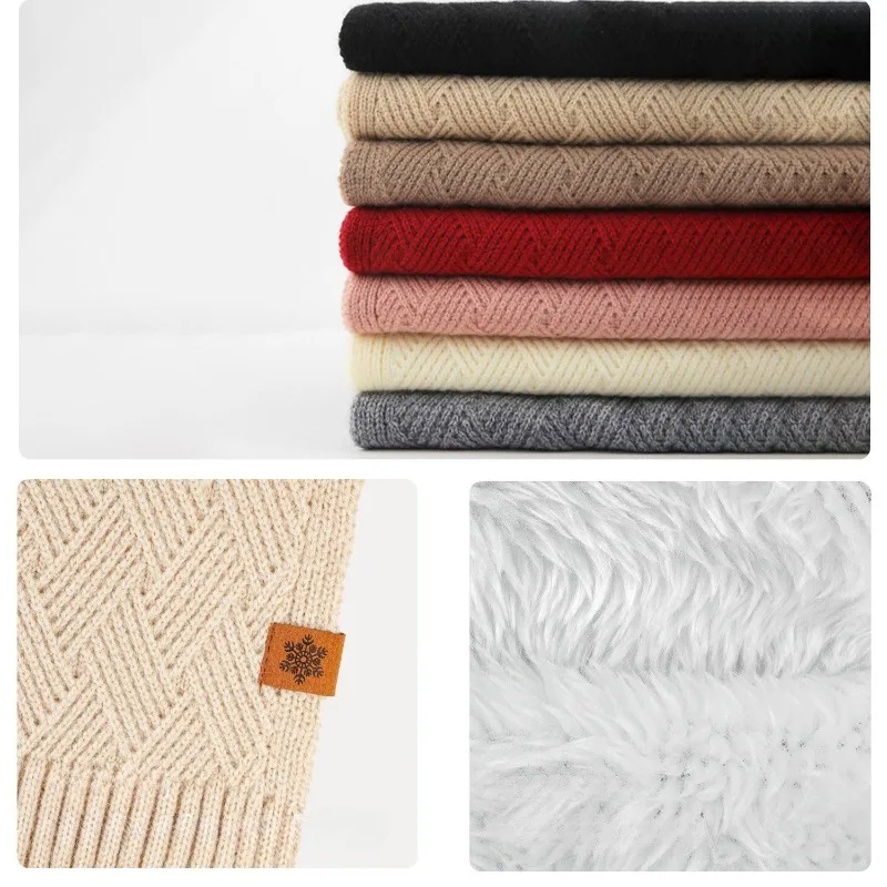 مجموعة الخريف والشتاء المكونة من ثلاث قطع: قبعة نسائية محبوكة ووشاح وقفازات، قبعة متماسكة دافئة مبطنة بالصوف بطبقة مزدوجة #2