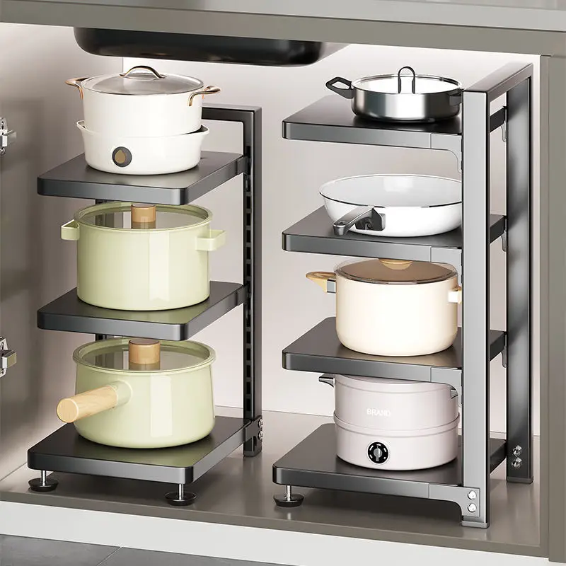 Pot Storage Rack Multi Layer Adjustable Pots Holder Under Sink Cabinet Dishes Pans Shelf space saver metal Kitchen pot organizer