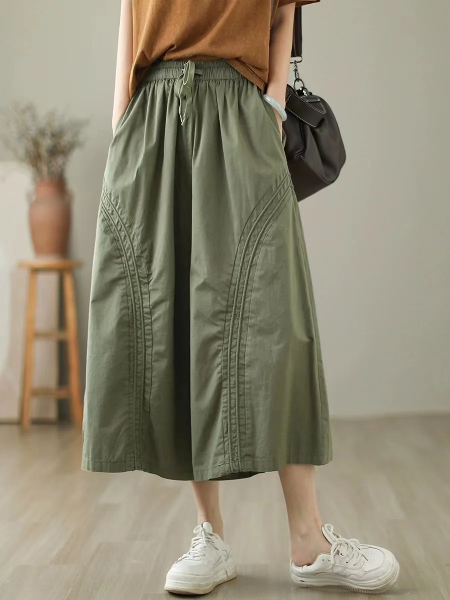 

Новые женские повседневные брюки-юбка свободного кроя с эластичным поясом, укороченные, с поясом, из тонкого хлопка, прямые, с высокой талией