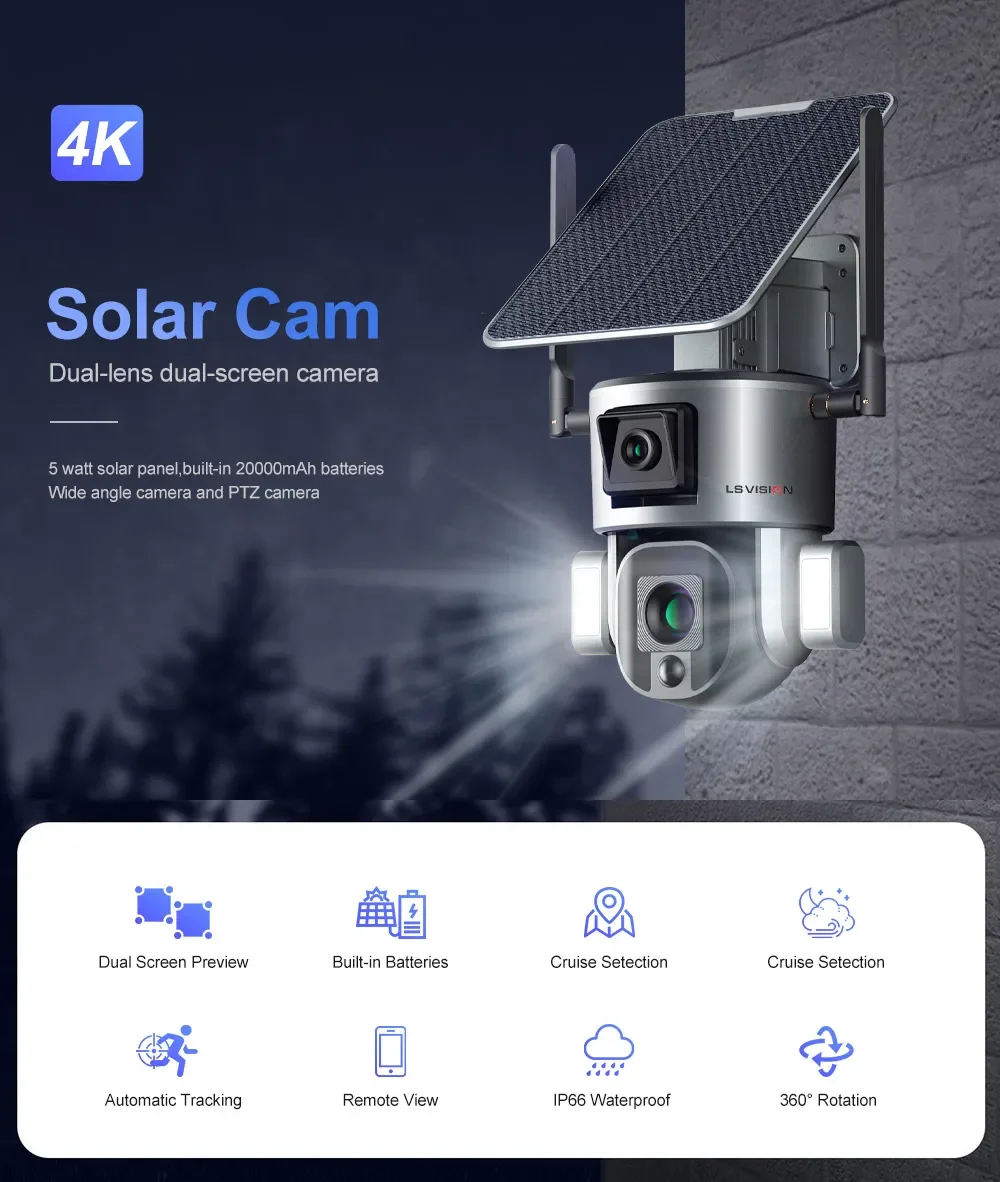 20X Zoom 4K 4G SIM Solar Camera Outdoor Wifi Surveillance Cameras 8MP Dual Scree