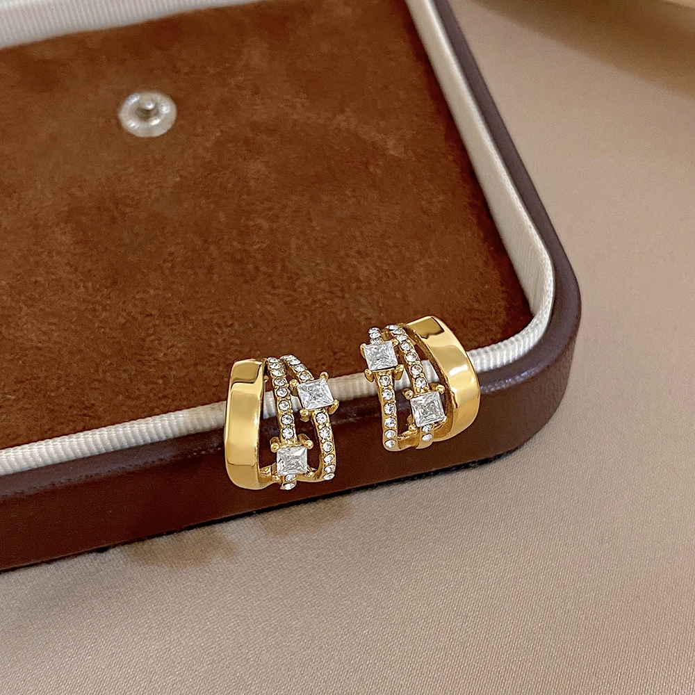 Fashion Gold Plated Stainless Steel Multi Layer Square Zircon Huggie Hoop Earrings For Women C Shape Earring Statement Jewelry