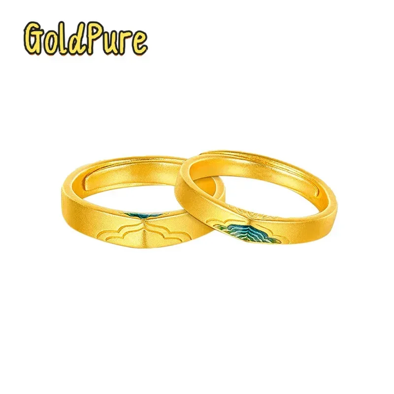 

Goldpure 9999 24K Real Gold The Journey of a Legendary Landscape Painting Pair Ring Couple Lovers Rings Adjustable Enamel