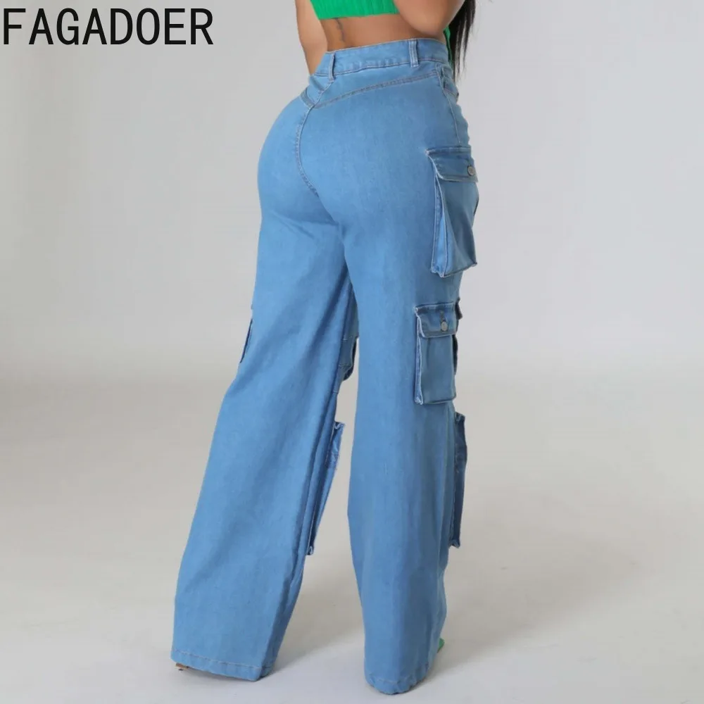 FAGADOER Vintage Blue Fashion Pocket Denim Cargo Pants Women High Waisted Button Straight Trousers Autumn Casual Jean Bottoms