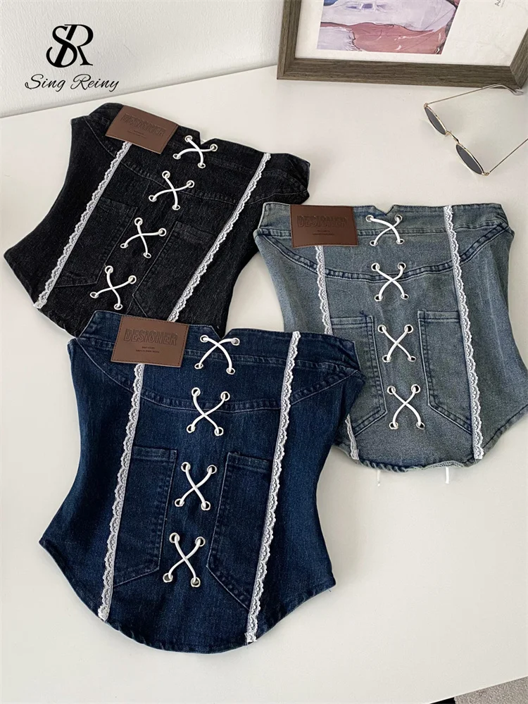 

SINGREINY Sexy Strapless Denim Tops Corss Bandage Backless Lace Splice Chic Camis Women Hotsweet Streetwear Irregular Slim Tank
