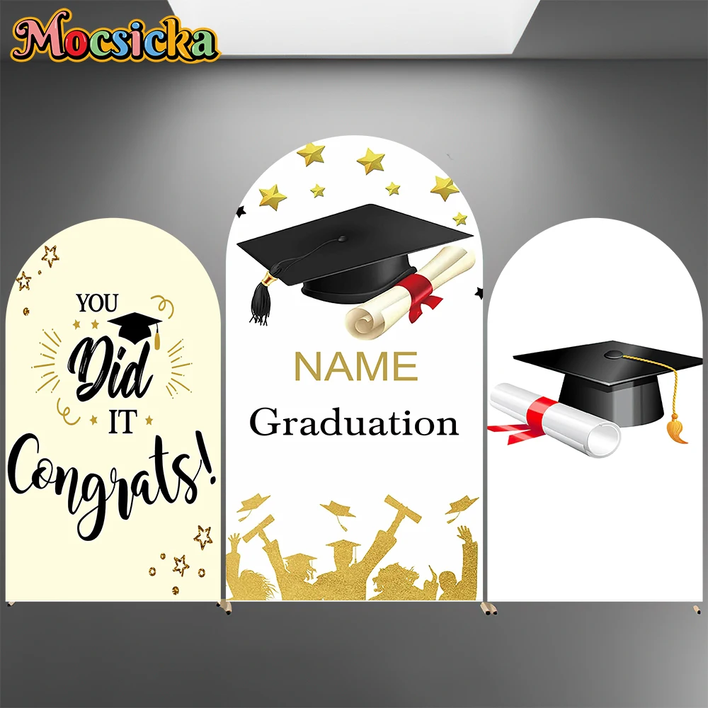 

Mocsicka Custom Name Graduation Arch Cover Background 2025 Black Bachelor Hat School Student Congratulation Party Decor Backdrop
