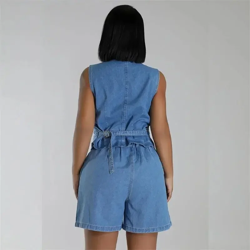 Summer V Neck Sleeveless Waistcoats Women Two Piece Sets Straight Denim Shorts Female Suits Casual Single-breasted Cardigan Vest