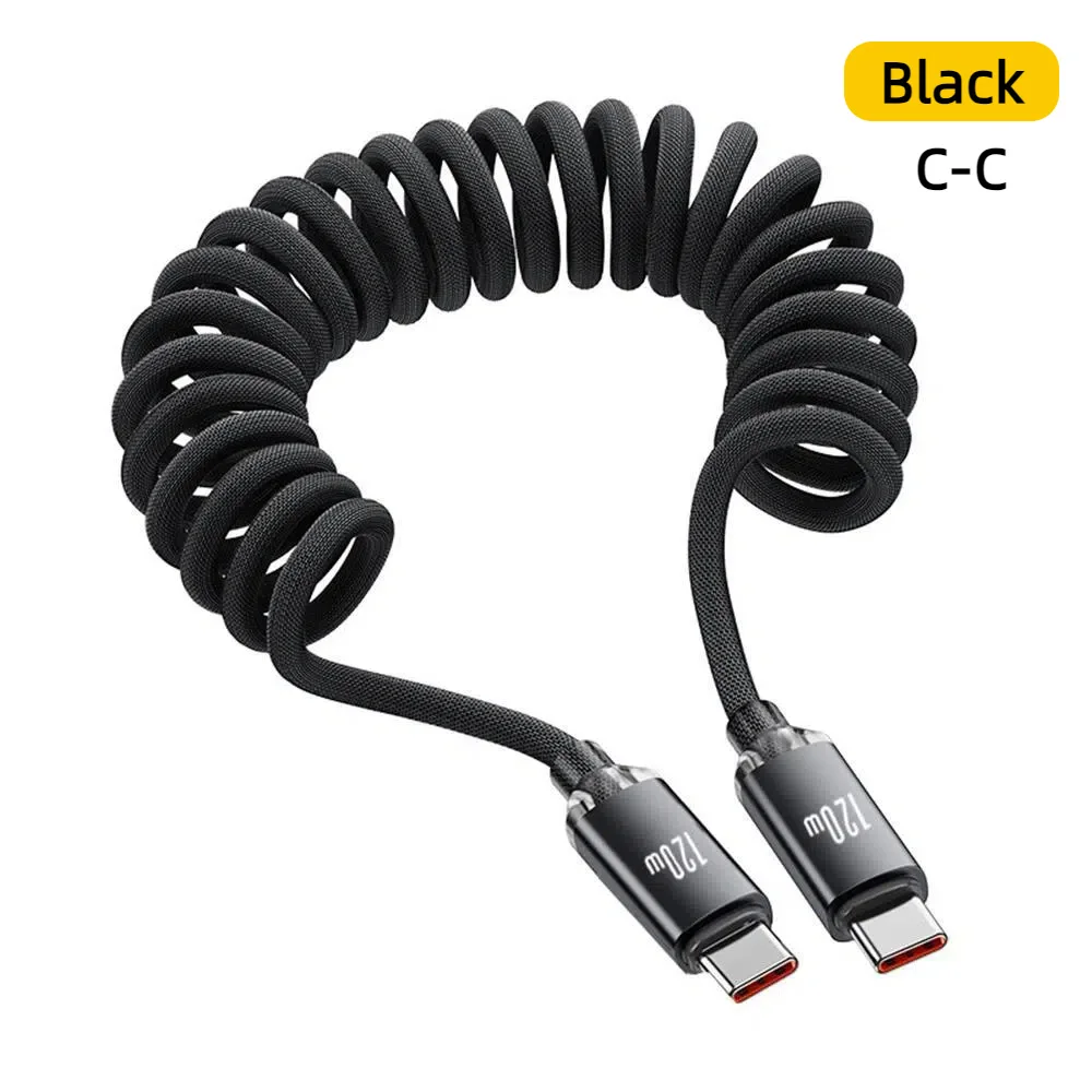 120W USB A/C zu Typ-C Schnellladekabel, Spiralkabel für Auto, Einziehbar, für iPhone 15 16 Samsung Xiaomi USB Typ-C Kabel